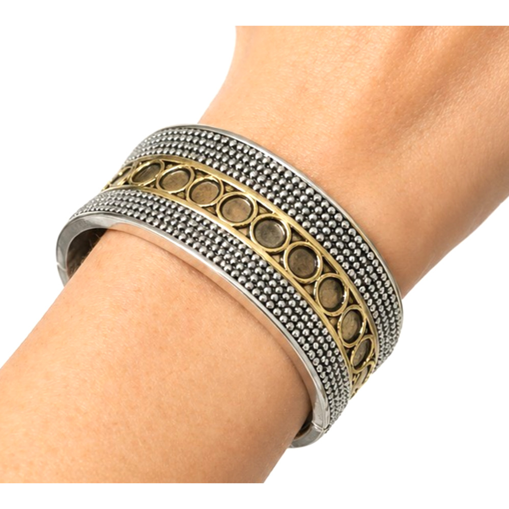 Silver & Gold Tone Hinged Bangle Bracelet 1" wide‎ B-TN22